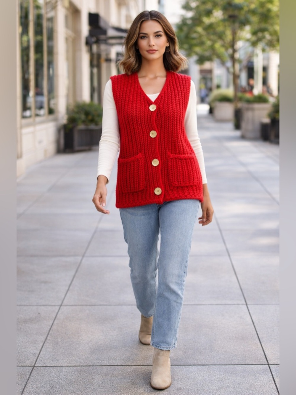 She + Sky Red Chunky Knit Sweater Vest Gold Button Pocketed Womens M